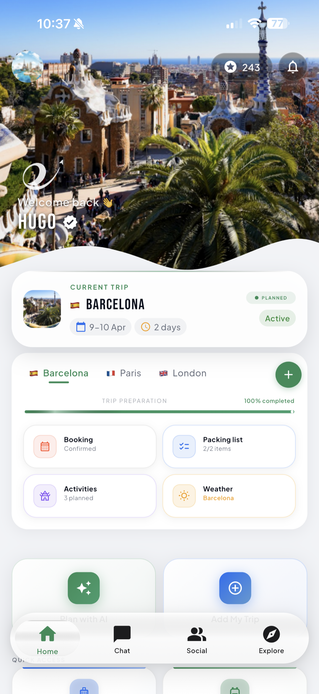 Escapor app, home screen with AI trip suggestions